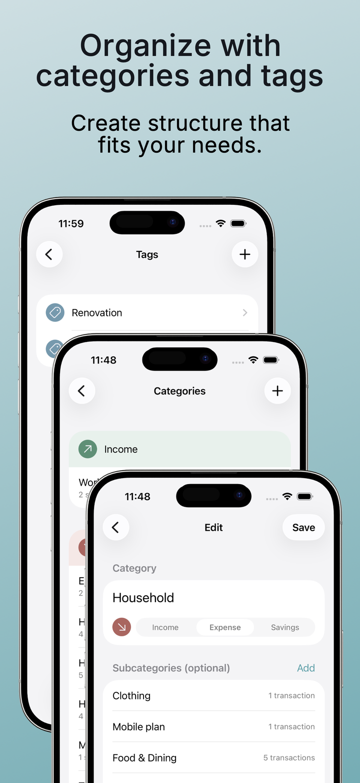 Kuber category and tag organization screens